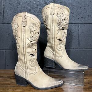 Carlos Santana Distressed Tan Leather Western Cut Out Cowboy Boots Women’s 7.5